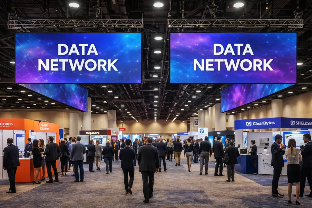 Double-sided LED banners guiding attendees in large expo hall