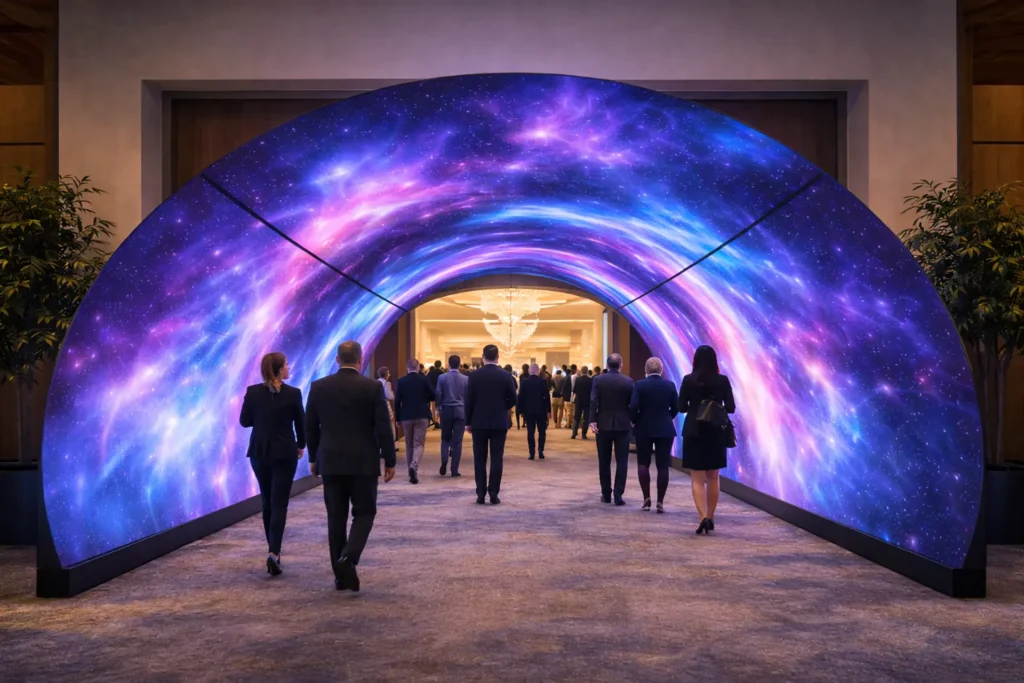 LED tunnel entrance creating immersive arrival experience at corporate event