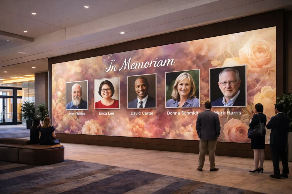 LED memorial wall honoring individuals with digital portraits at event