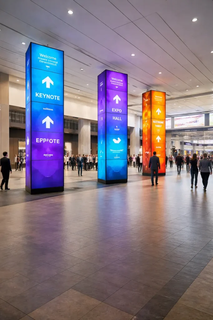 Vertical LED towers used for wayfinding and event navigation