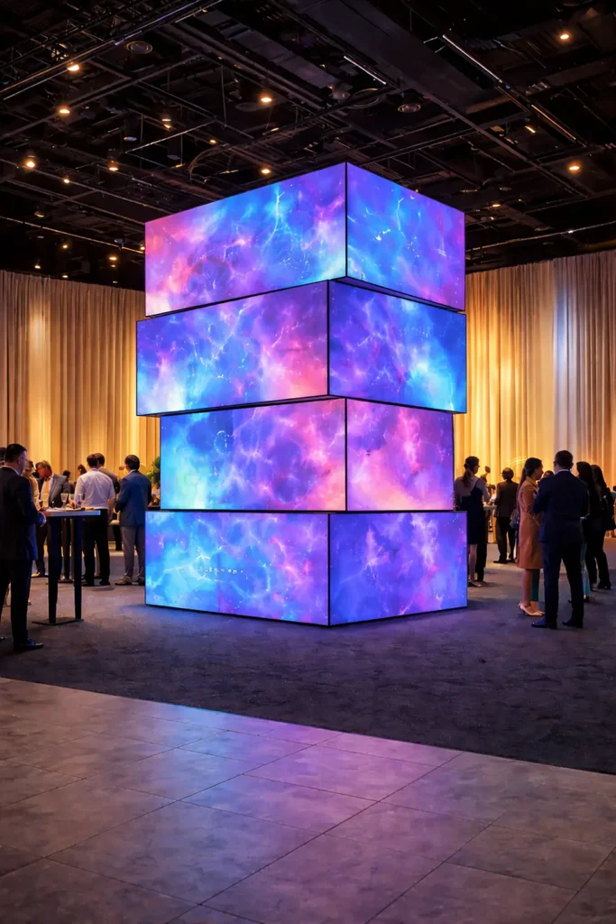 Stacked LED cube installation used as sculptural event centerpiece