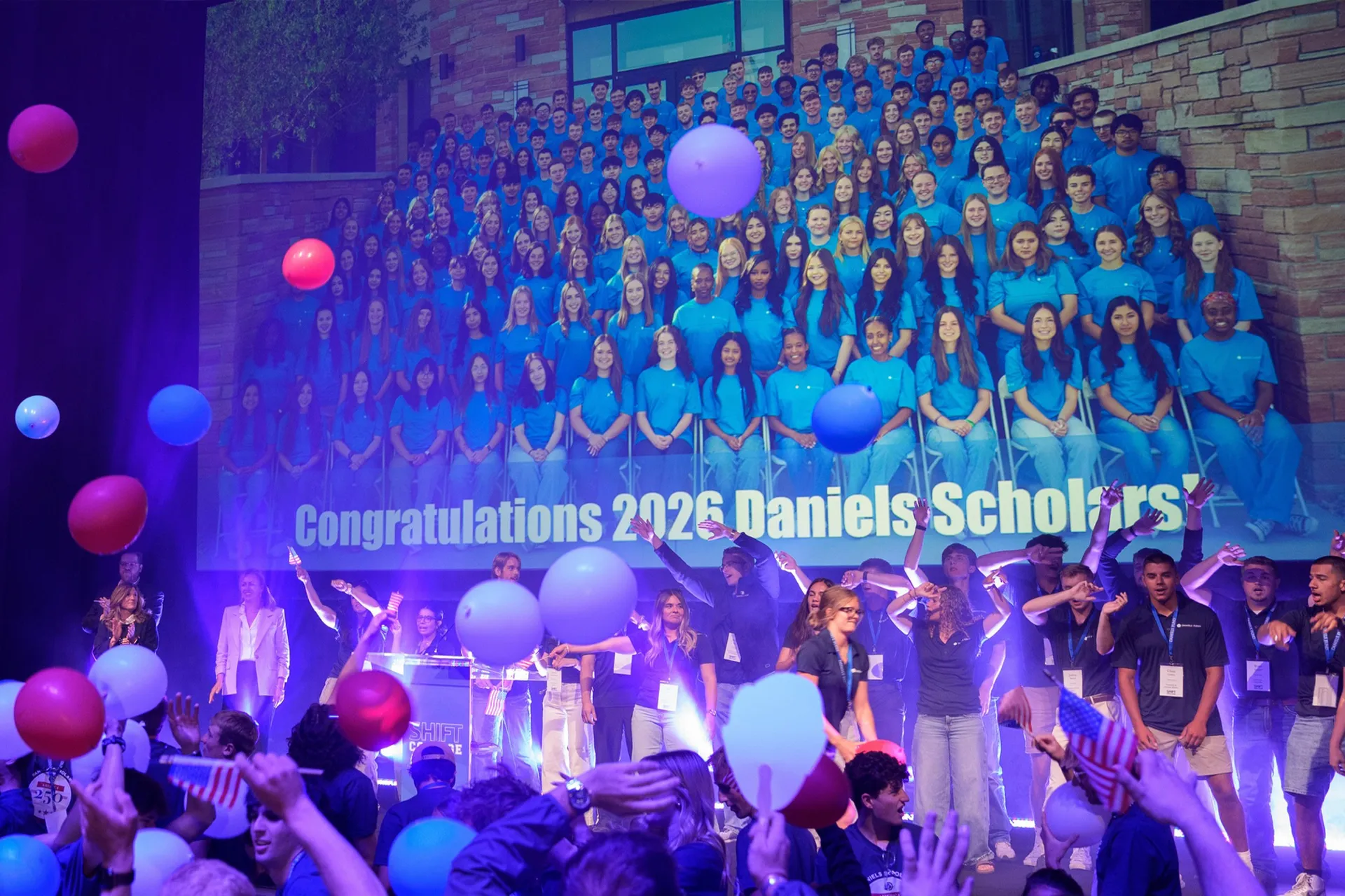 Daniels Fund SHIFT College and New Scholar Celebration stage production with scholar reveal screen