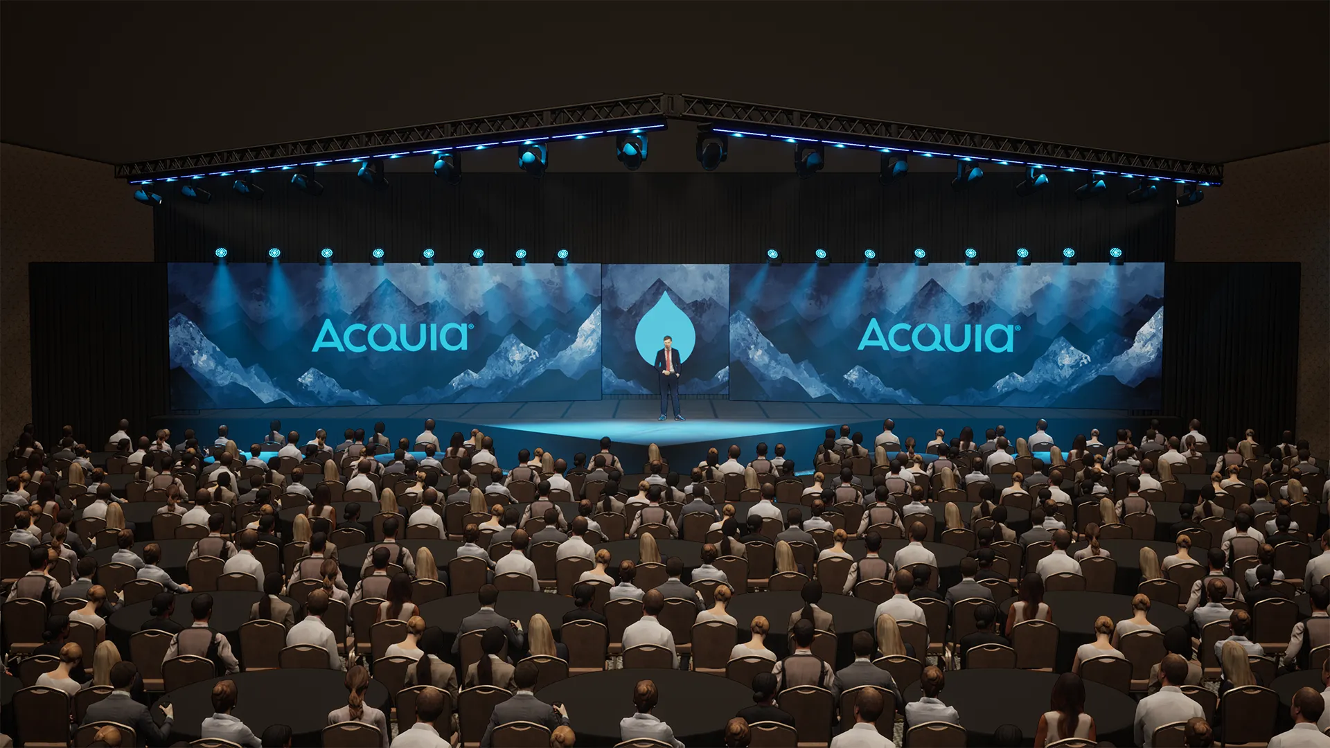 3D rendering of Acquia general session stage design with LED video walls and full audience seating by Encompass