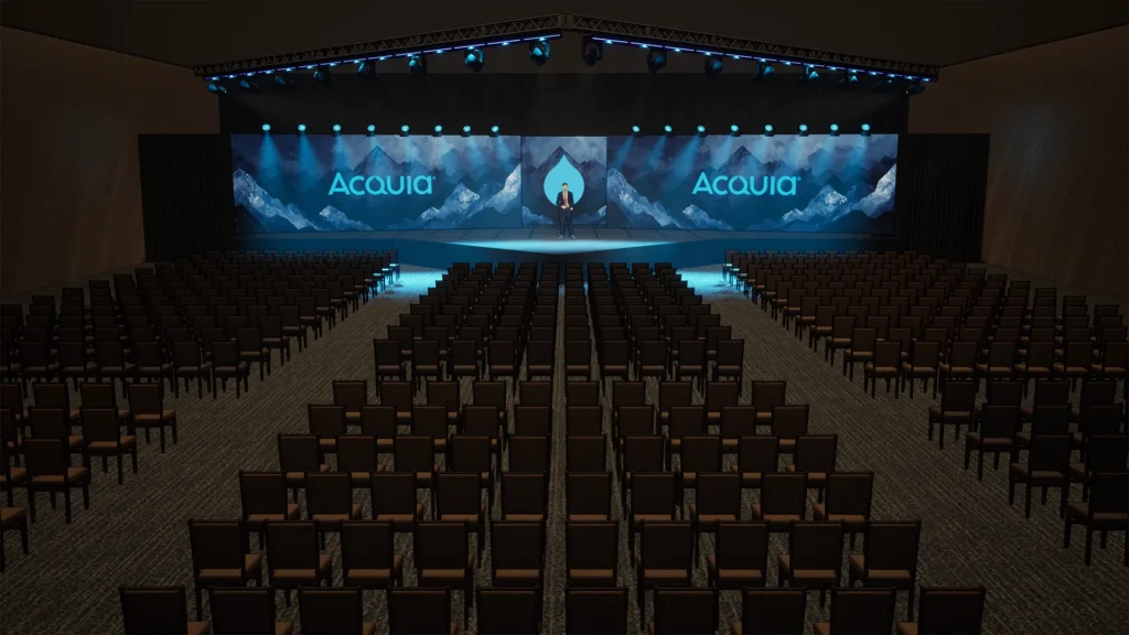 Encompass stage design rendering for Acquia conference general session with LED backdrop and theater-style seating