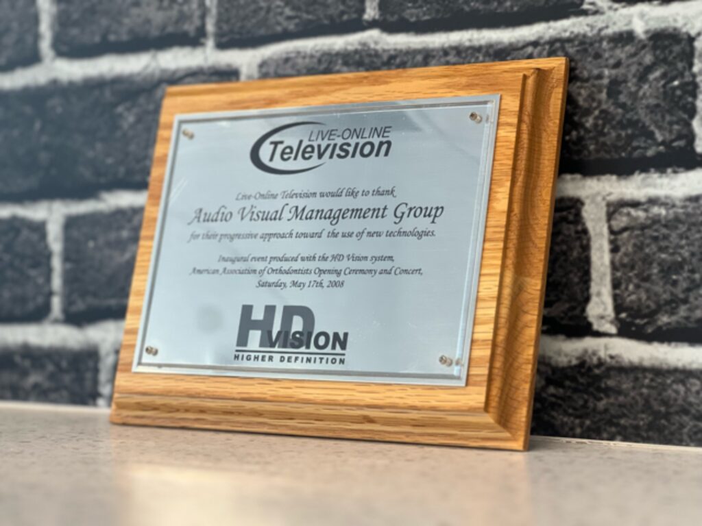 HD Vision plaque commemorating Live Online Television’s first event produced with the system in 2008.